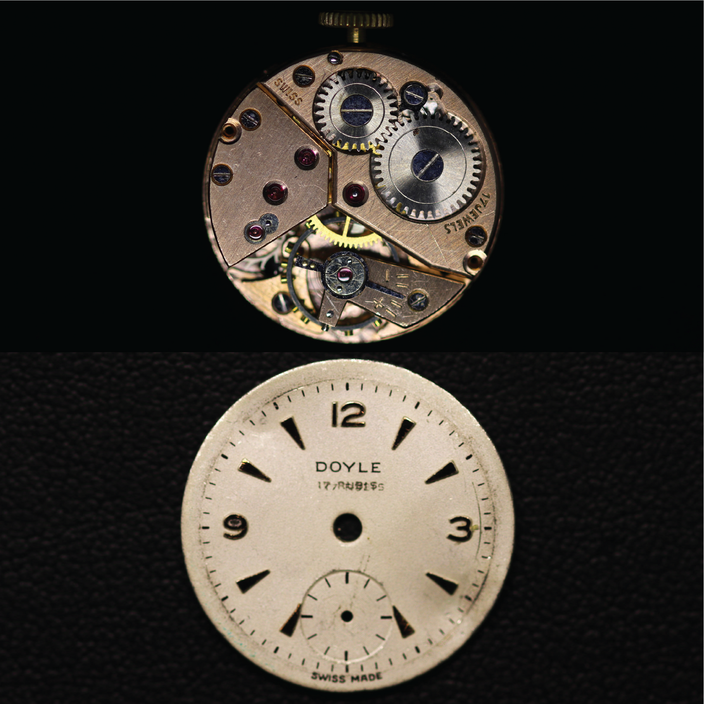 Pin (Crowned Medium Round Rose) Doyle. Inscribed "Swiss 17 Jewels"