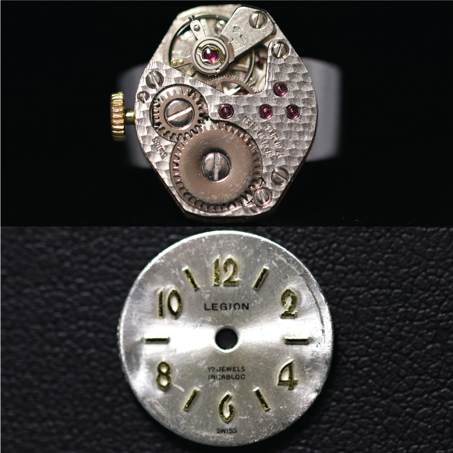 Ring (Crowned Textured Medium Diamond) Legion. Inscribed "Swiss Seventeen 17 Jewels"