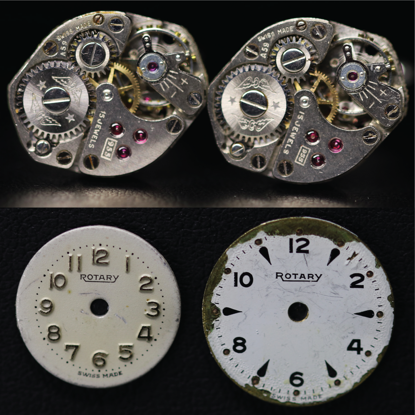 Cufflinks (Medium Size Diamond) Rotary. Exact pair, each inscribed "Swiss Made 15 Jewels" with Dual Wings Logo