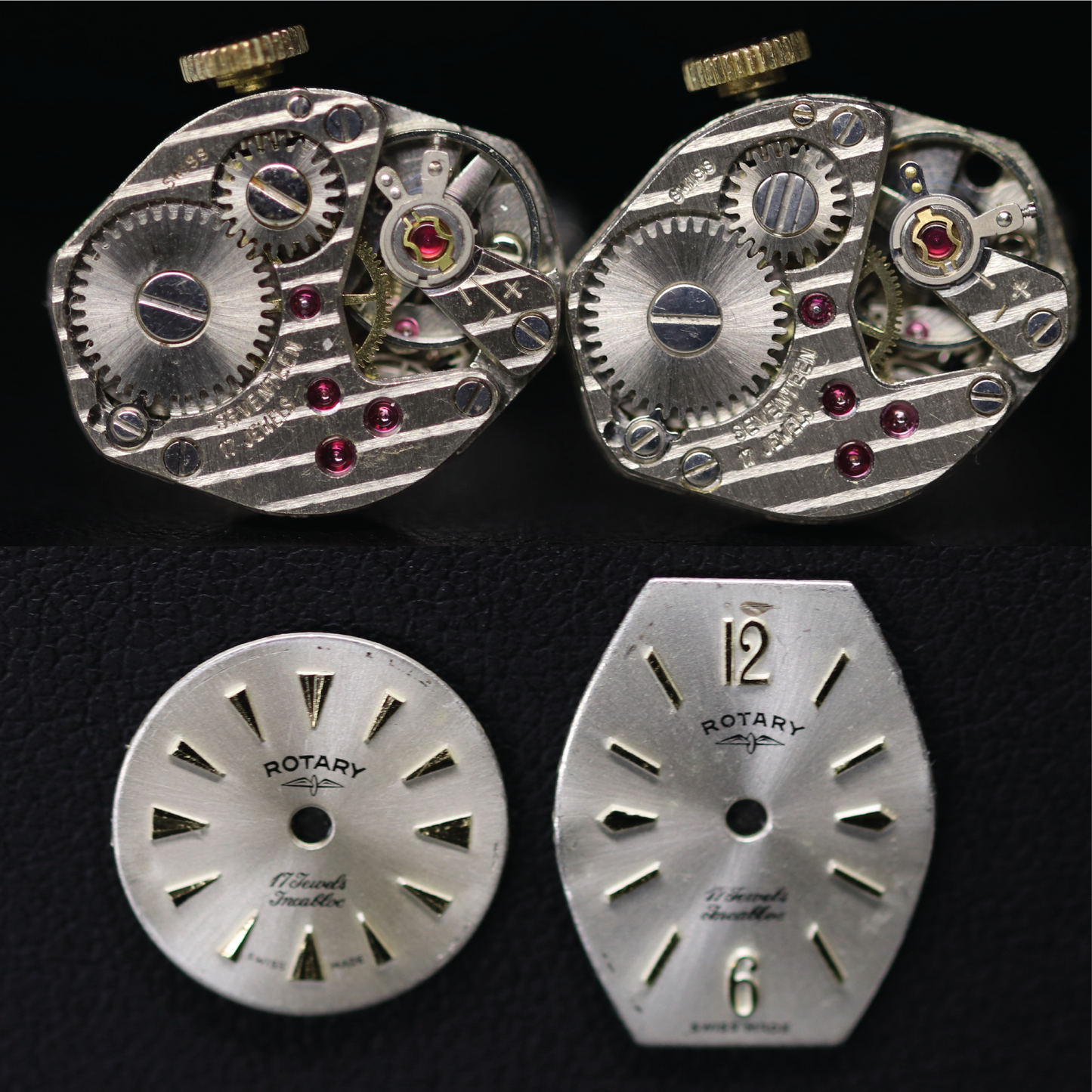 Cufflinks (Crowned Medium Size Diamond) Rotary. Exact pair, each inscribed "Swiss 17 Jewels"